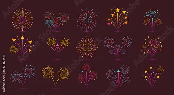 Fototapeta Vibrant vector illustration featuring an assortment of colorful fireworks displays