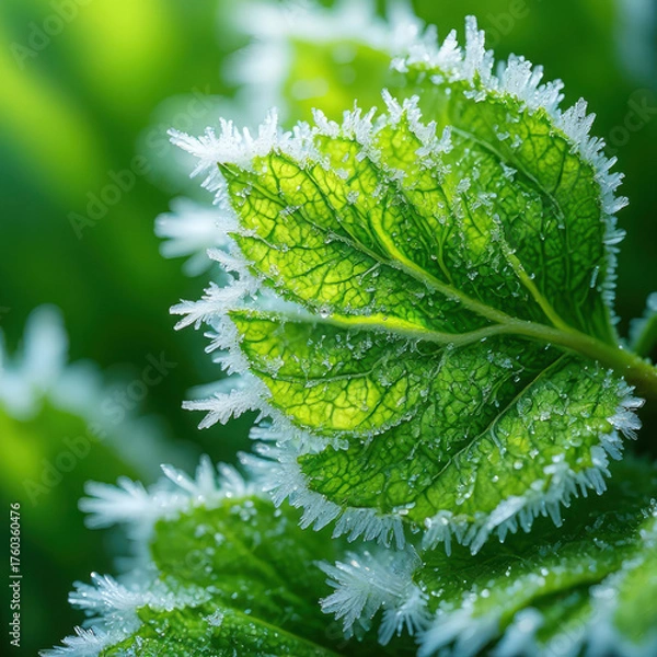 Fototapeta Close up of a green leaf with frost crystals on its edges