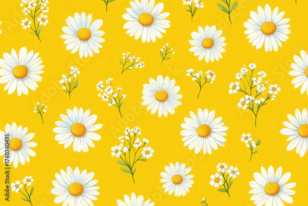 Fototapeta Seamless pattern of white daisies with yellow centers on a bright yellow background