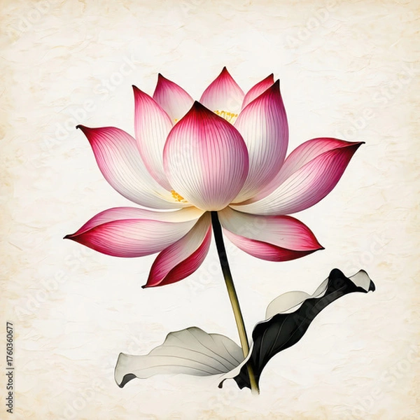 Fototapeta Beautiful pink lotus flower with green leaves on textured background