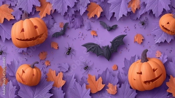 Obraz Festive Halloween Decoration Scene with Carved Pumpkins Bats and Spiders on Purple Leafy Background for Holiday Celebration