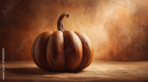 Obraz Close-up of a ripe orange pumpkin with smooth skin and curved stem placed on wooden surface against warm textured background