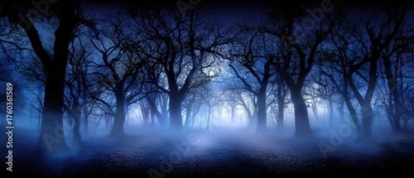 Obraz Enchanting moonlit forest scene with foggy atmosphere, leafless trees silhouettes, mystical night landscape, mysterious woodland setting
