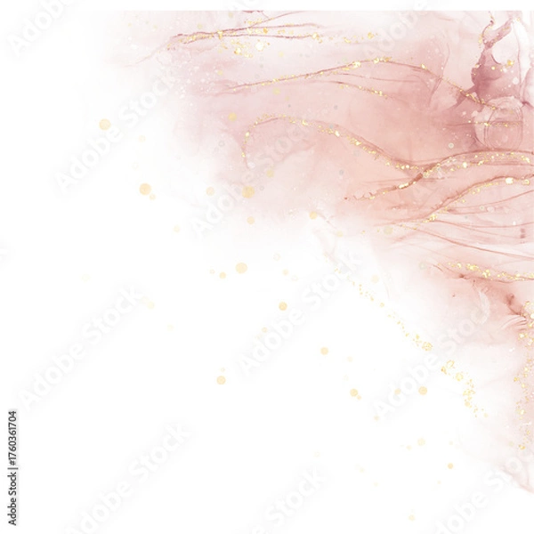 Fototapeta An elegant abstract background featuring soft pink alcohol ink swirls and golden glitter accents against a light gray backdrop.