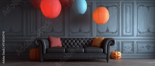 Obraz Stylish Halloween themed living room with colorful paper lanterns dark wall paneling plush sofa and festive pumpkins for celebration