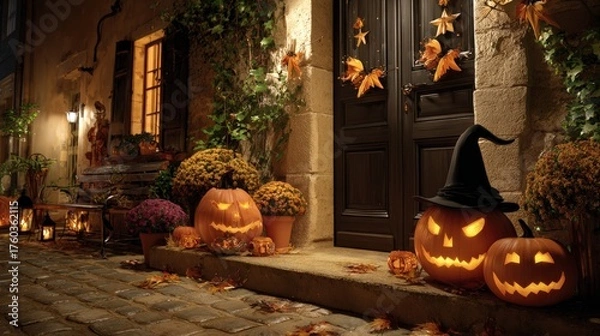 Obraz Cozy Halloween night scene with illuminated carved pumpkins pumpkins witch hat autumn leaves and lanterns outside rustic house