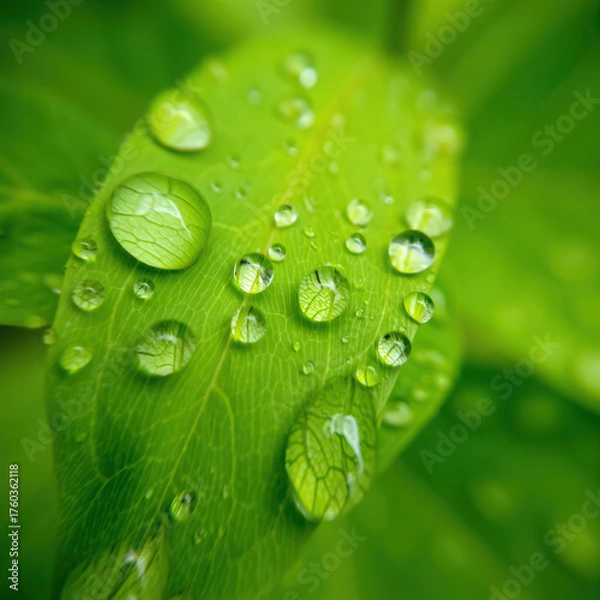 Fototapeta Close up of a vibrant green leaf covered in fresh water droplets after rain