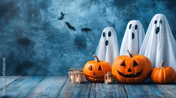 Obraz Spooky Halloween scene with ghost decorations carved pumpkins and bats flying against dark cloudy sky for festive celebration image