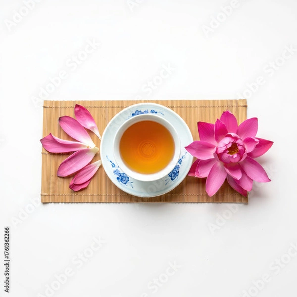 Fototapeta Serene tea ceremony with pink lotus flowers and herbal tea