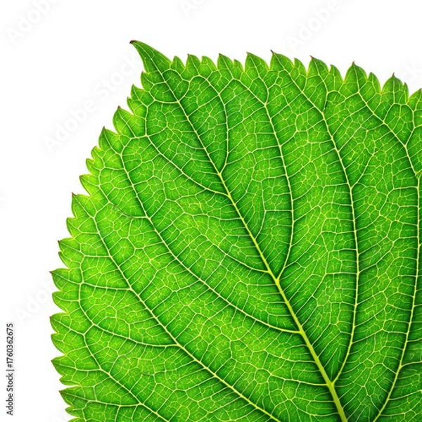 Fototapeta Close up of a vibrant green leaf with visible veins on a white background