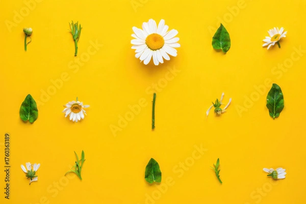 Fototapeta Flat lay of daisy flowers and green leaves on a bright yellow background