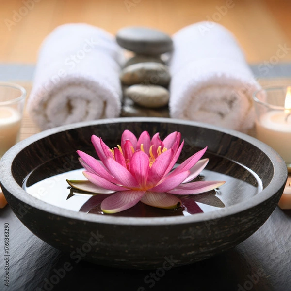 Fototapeta Serene spa setting with pink lotus flower rolled towels and hot stones