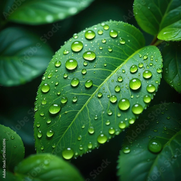 Fototapeta Close up of vibrant green leaves covered in fresh water droplets after rain