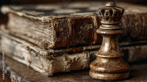 Fototapeta A symbolic still life of timeless objects: a well-used book, a chess piece in warm golden light.