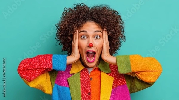 Obraz Expressive young woman with curly hair wea colorful sweater showing shock and surprise emotion isolated on turquoise background