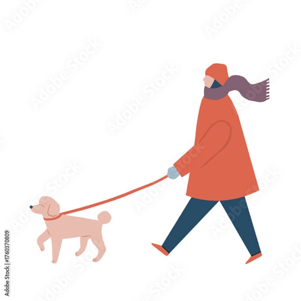Obraz 犬の散歩をする冬服を着た女性