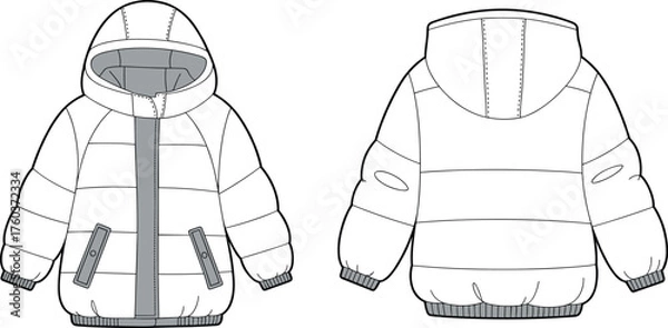 Fototapeta Hooded puffer jacket fashion flat sketch, technical garment illustration with zipper, flap pockets, quilted padded design, front and back view, CAD drawing flat vector illustration