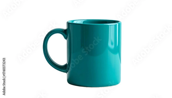 Fototapeta Turquoise mug with handle, centered against a black backdrop, brightly lit