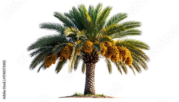Fototapeta Lush, isolated palm tree with hanging dates against a black background