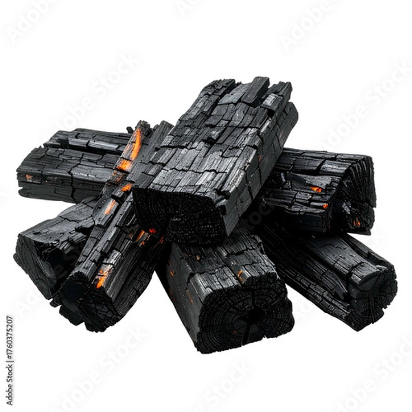 Fototapeta Close-up of a pile of charred charcoal briquettes, with glowing embers