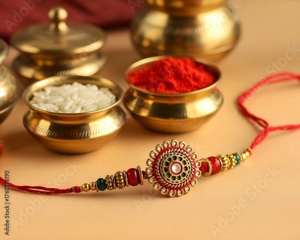 Fototapeta Beautiful traditional Rakhi with red thread and intricate bead design, placed beside roli and rice in brass bowls — symbolizing the sacred bond of Raksha Bandhan.