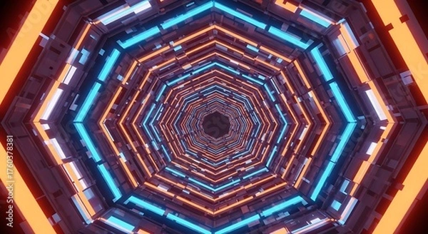 Fototapeta Futuristic heptagonal sci-fi tunnel with glowing blue and orange neon lights.