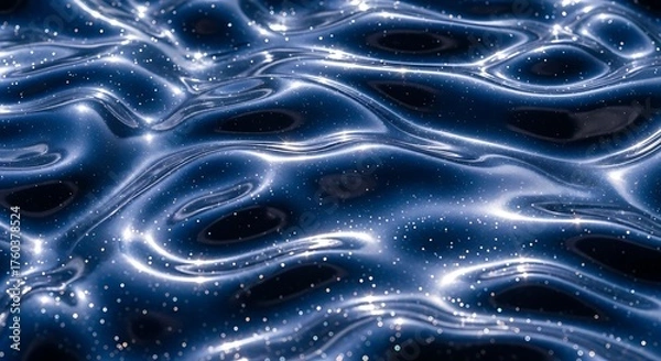 Fototapeta Abstract background of a dark blue liquid surface with glowing, shimmering ripples and sparkling particles.