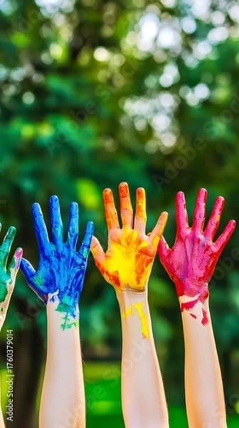 Obraz Raised rainbow hands outdoors symbol of pride unity