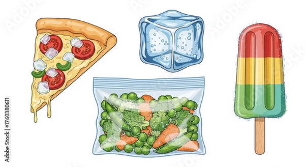 Fototapeta Assortment of frozen food items including pizza ice cubes frozen vegetables and popsicle.