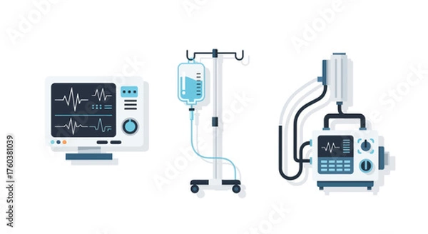 Fototapeta Medical Equipment Set: Monitor IV Drip and Ventilator.