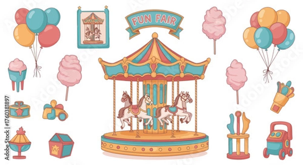 Fototapeta Colorful Carnival and Fairground Attractions with Carousel and Balloons.