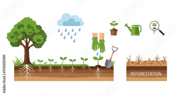 Fototapeta Illustration of Reforestation Process with Tree Seedlings Rain and Gardening Tools.