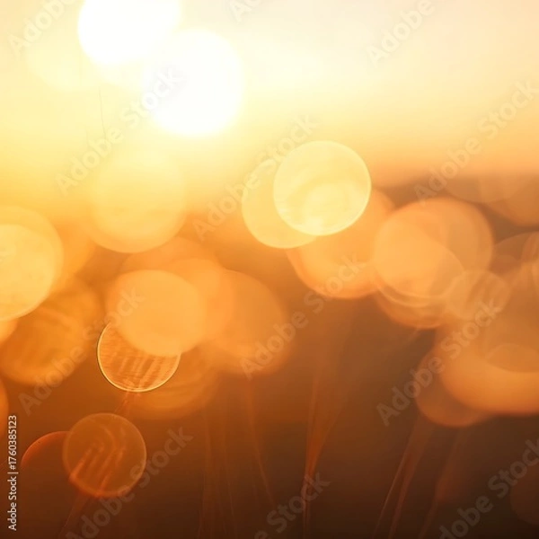 Fototapeta Warm Golden Bokeh Lights Against Soft Sunset Sky Creating a Dreamy Ethereal Background with Subtle Silhouette Elements