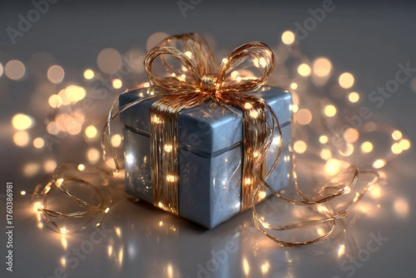 Fototapeta Elegant gift box wrapped with gold fairy lights for a festive celebration and holiday cheer, perfect for Christmas, birthdays, or special occasions