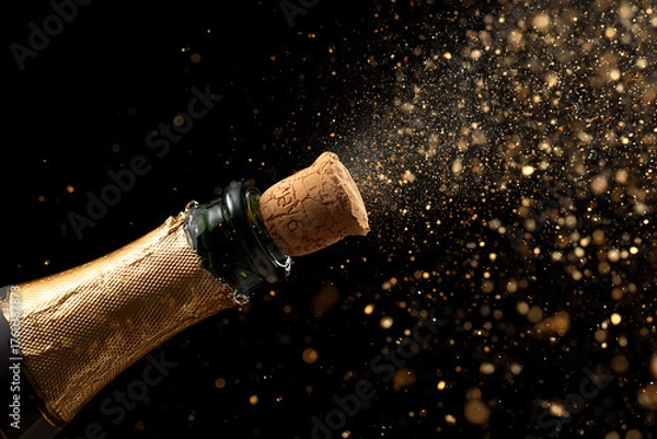 Obraz Champagne bottle exploding with golden glitter for celebrations, perfect for New Year's Eve, parties, and special occasions. Cheers to success!