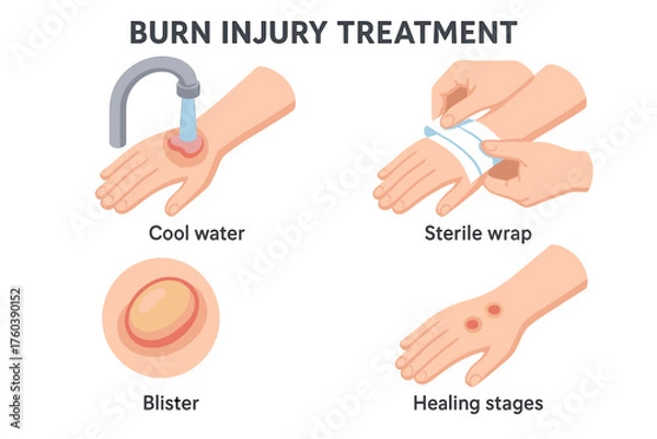 Fototapeta Burn injury treatment guide with cooling, wrapping, blister, and healing stages