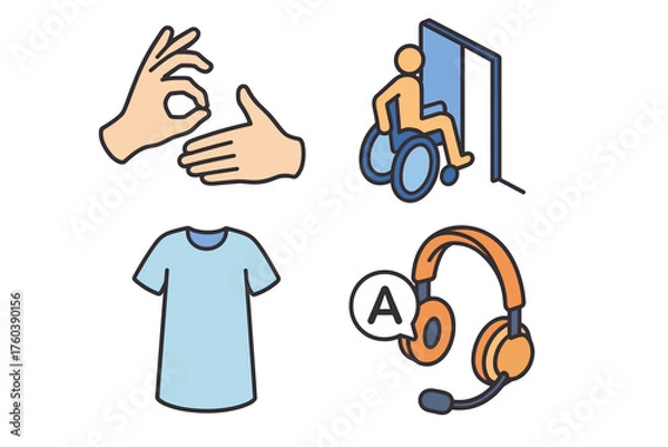 Fototapeta Accessibility symbols: sign language, wheelchair access, clothing, audio support icons