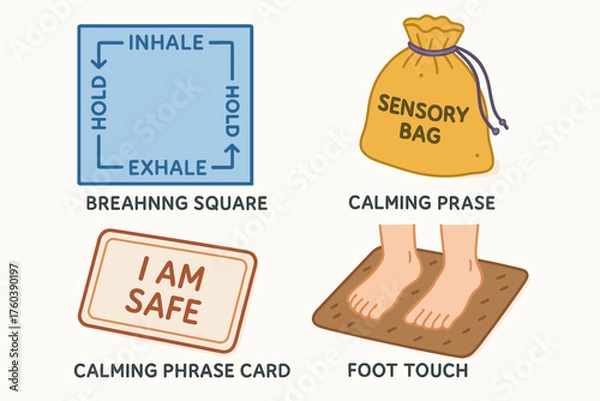Fototapeta Calming strategies for stress relief: breathing, sensory bag, calming phrase, foot touch