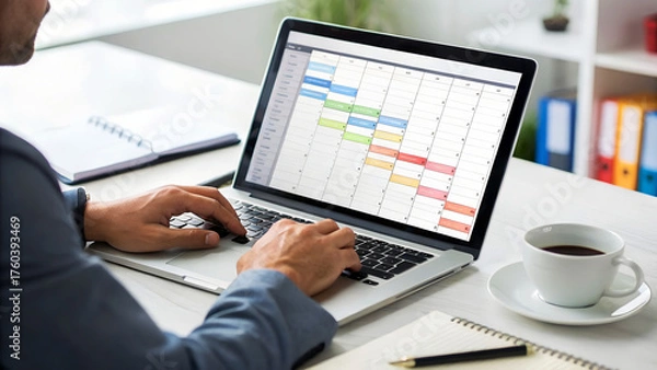 Fototapeta Close up of a businessman using laptop with gantt chart application for planning and scheduling appointments at the office