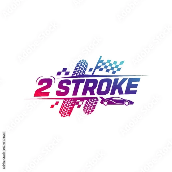 Obraz Vibrant automotive racing logo design featuring tire tracks, a checkered flag, and a sleek sports car silhouette, perfect for speed and performance branding