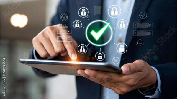 Fototapeta Man using tablet with security checkmark, ensuring data protection online