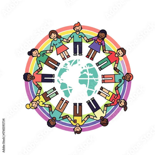 Fototapeta United diverse people holding hands around the globe, symbolizing peace, unity, and harmony. A vibrant illustration of global connection, community, and acceptance