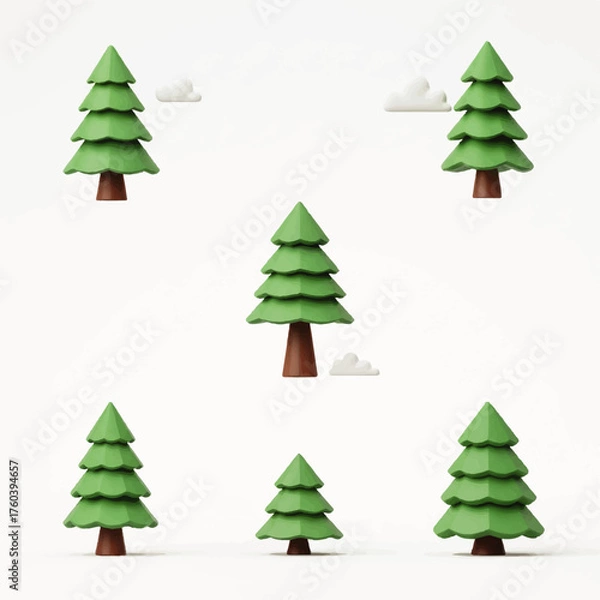 Fototapeta Whimsical 3D rendered cartoon pine trees with fluffy clouds on a clean white background