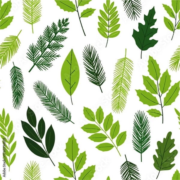 Fototapeta Seamless pattern with various green leaves. A botanical vector illustration concept for natural and eco-friendly design backgrounds