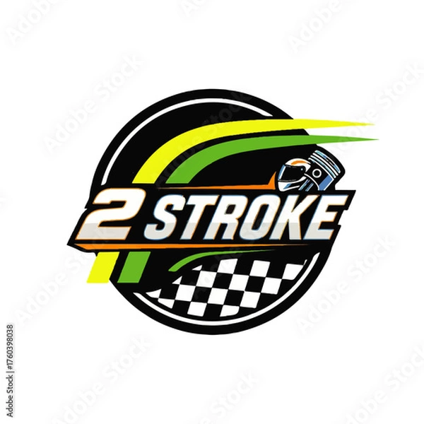 Fototapeta Vibrant motorsport emblem design celebrating the power of the two-stroke engine, with a dynamic helmet and checkered flag for racing championships