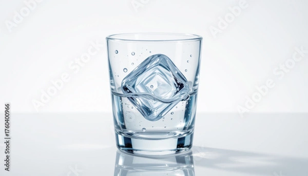Fototapeta Clear Glass with Ice Cube and Bubbles Minimalist Background