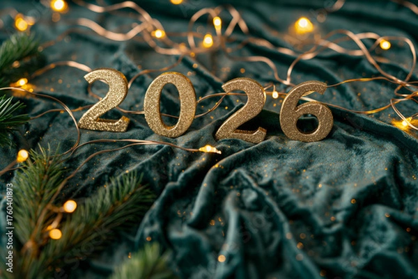 Obraz Golden 2026 numbers on velvet with Christmas lights – festive New Year composition