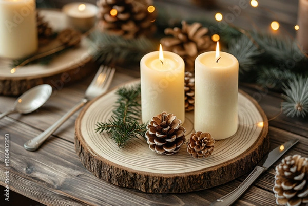 Fototapeta Cozy holiday table setting with candles, pine cones and rustic decor