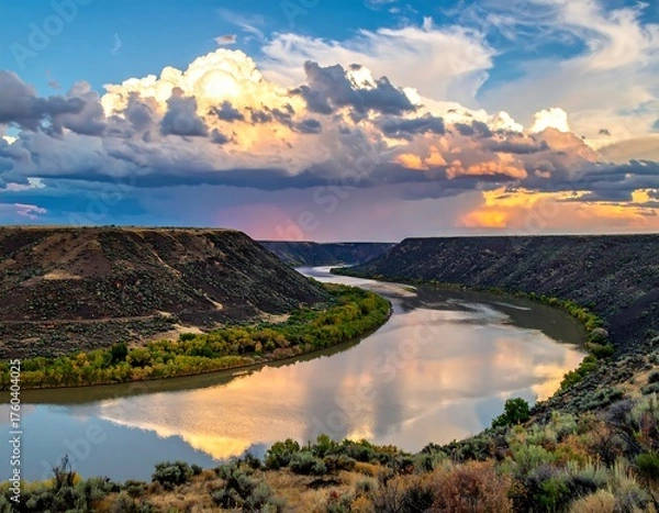 Fototapeta Scenic river winding through deep canyon under dramatic, cloudy sky