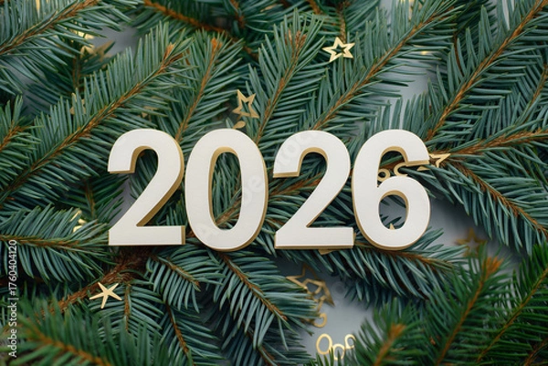 Obraz White wooden 2026 numbers on fir tree branches, New Year minimal holiday concept